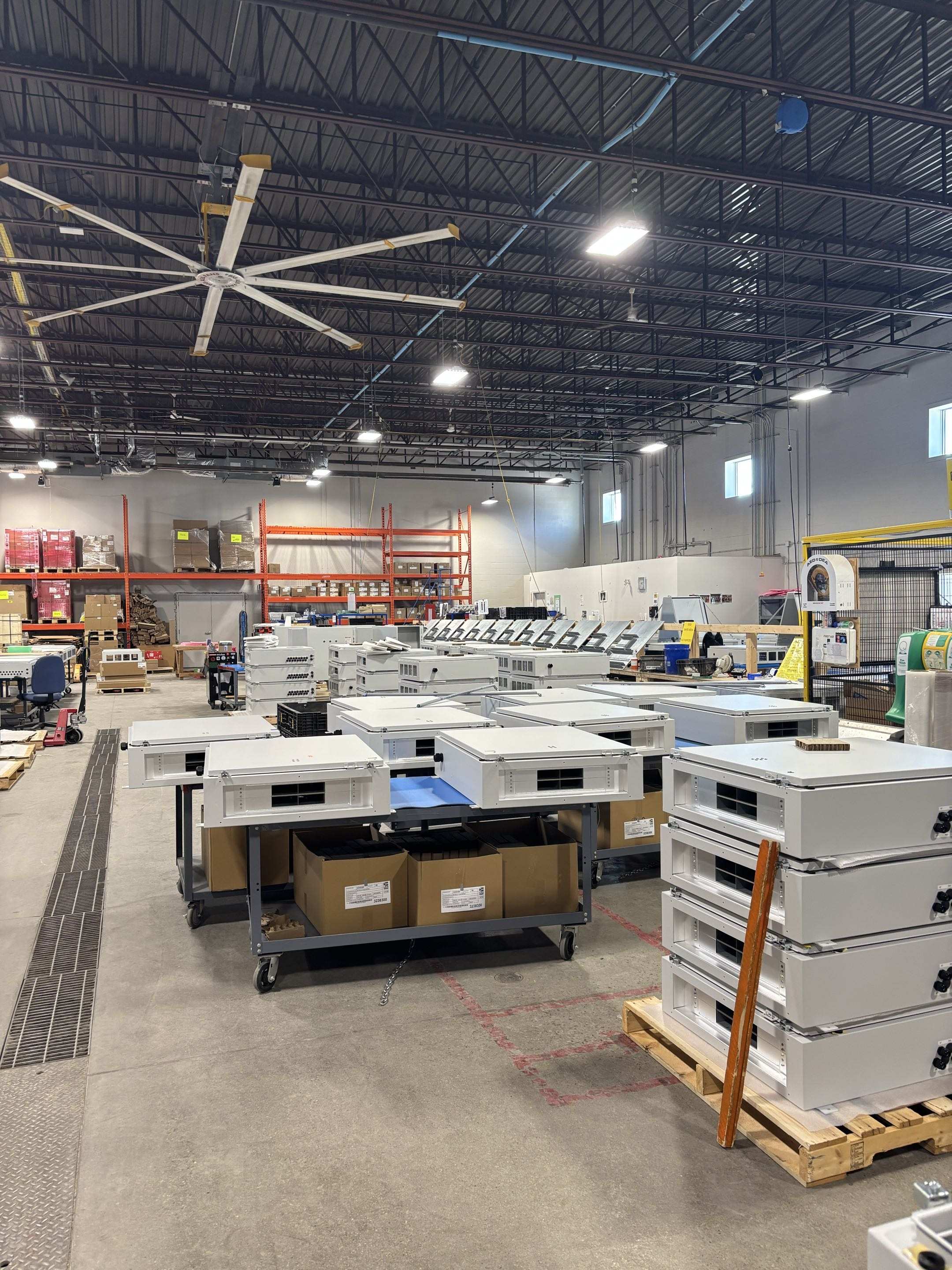 Warehouse with control panels